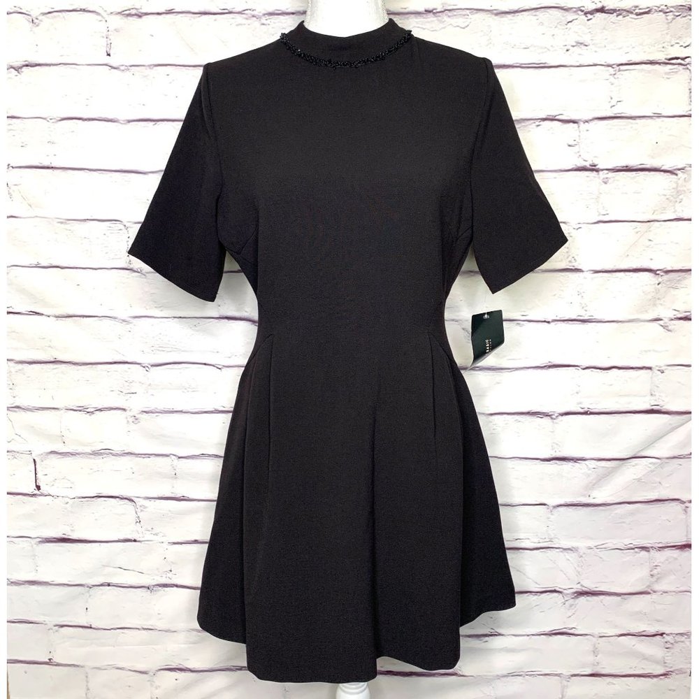 Zara Basic Women's Black Short Sleeve High Neck Embellished Mini Skater Dress L